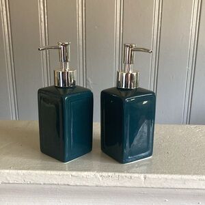 NWT- 2- Beautiful Blue Ceramic Square Hand Soap Pump Dispensers-w/ Chrome Pumps
